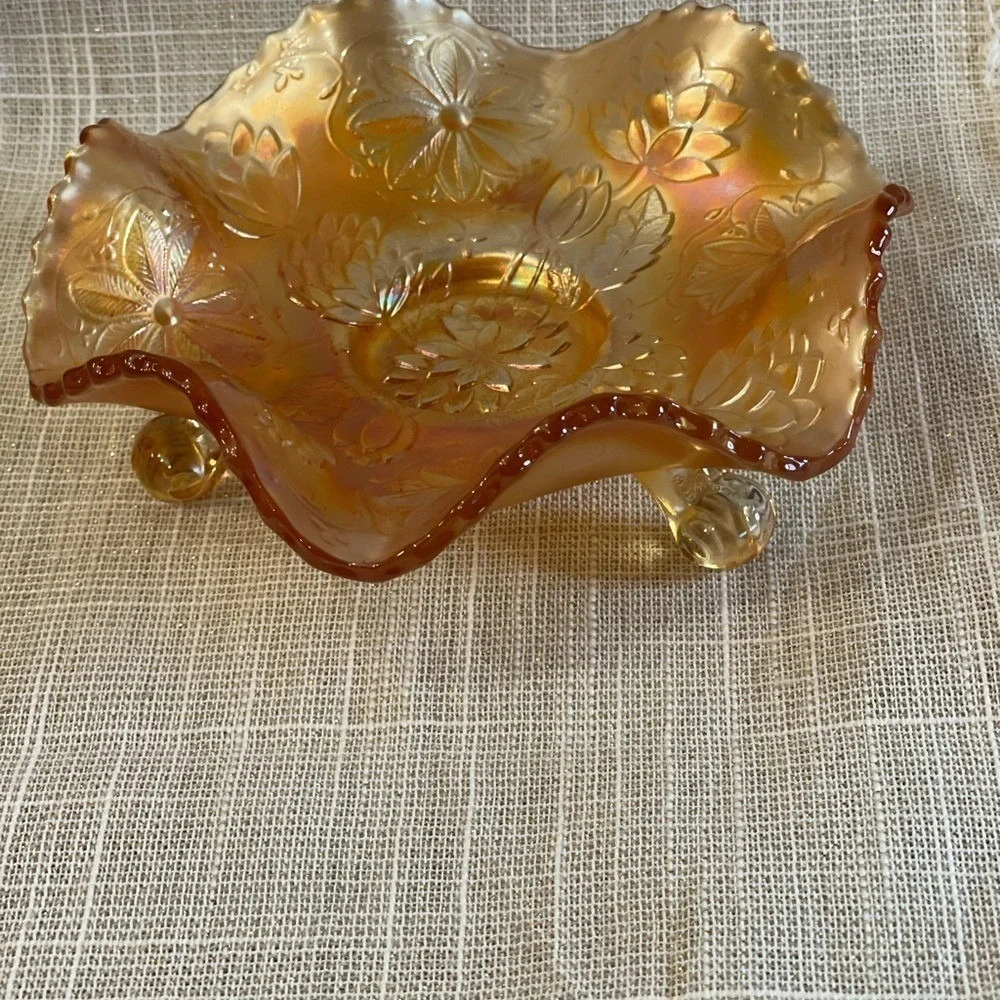 Antique Dugan Marigold Carnival Glass Garden Path Footed Ruffled Bowl